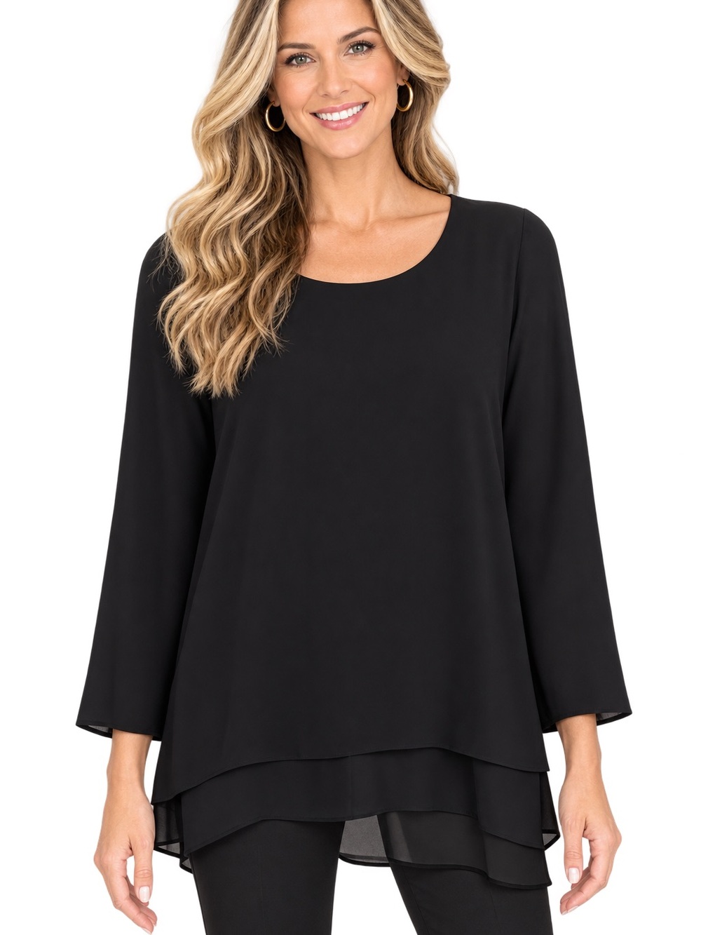 Michael Kors Black Layered Chiffon-Hem Long-Sleeve Tunic